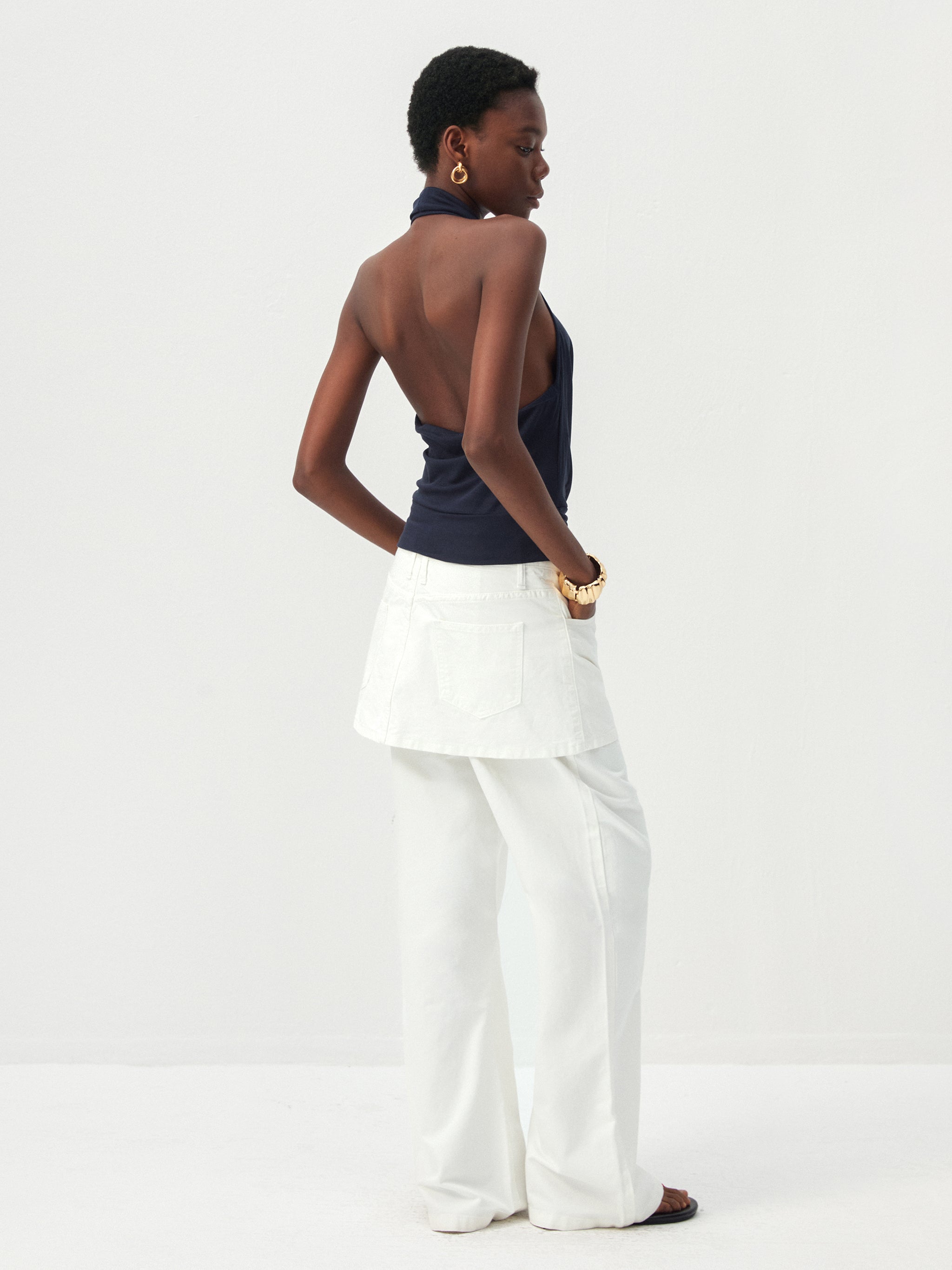 CUBIC Cotton-Blend Layered Skirt-Front Flare Trousers-6
