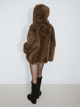 Faux Fur Zip-Up Jacket With Hood