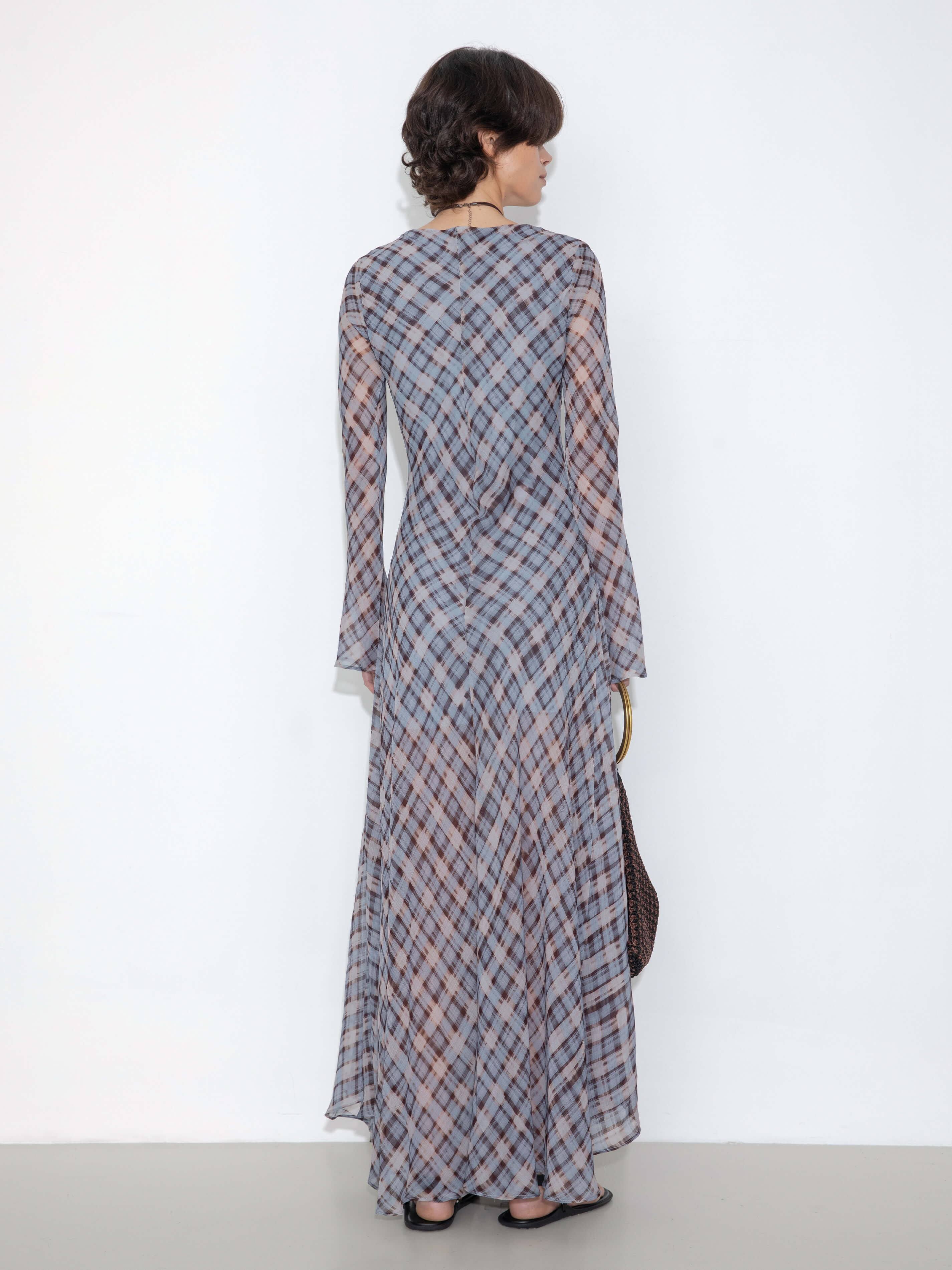 Checkered Crew Neck Long Sleeve Dress-6