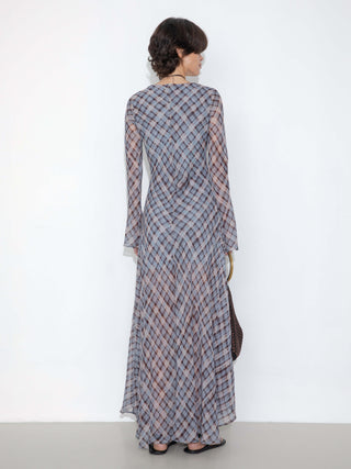 Checkered Crew Neck Long Sleeve Dress