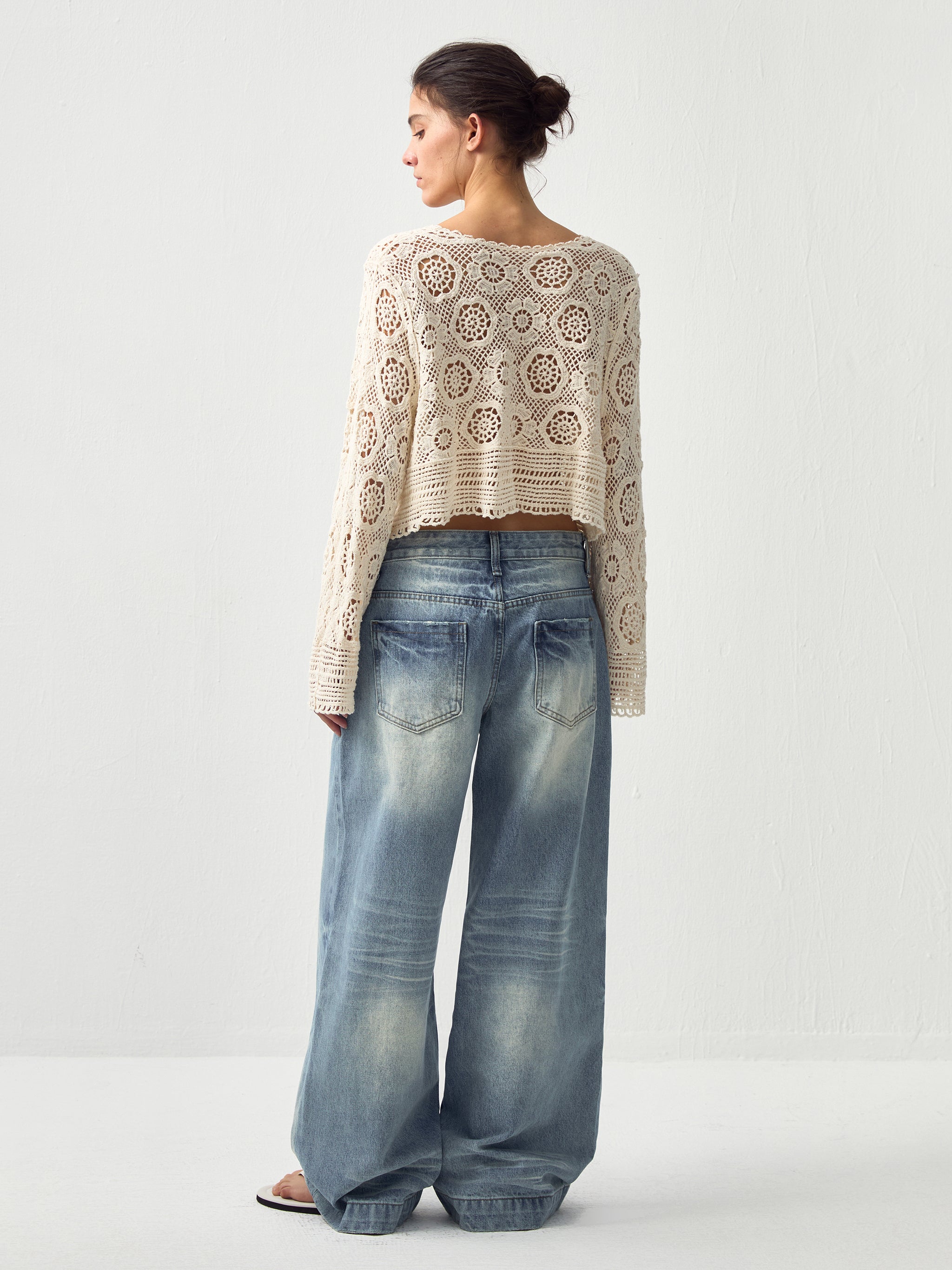 CUBIC Cotton Crochet Lace Trim Cropped Cardigan-5