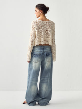 CUBIC Cotton Crochet Lace Trim Cropped Cardigan
