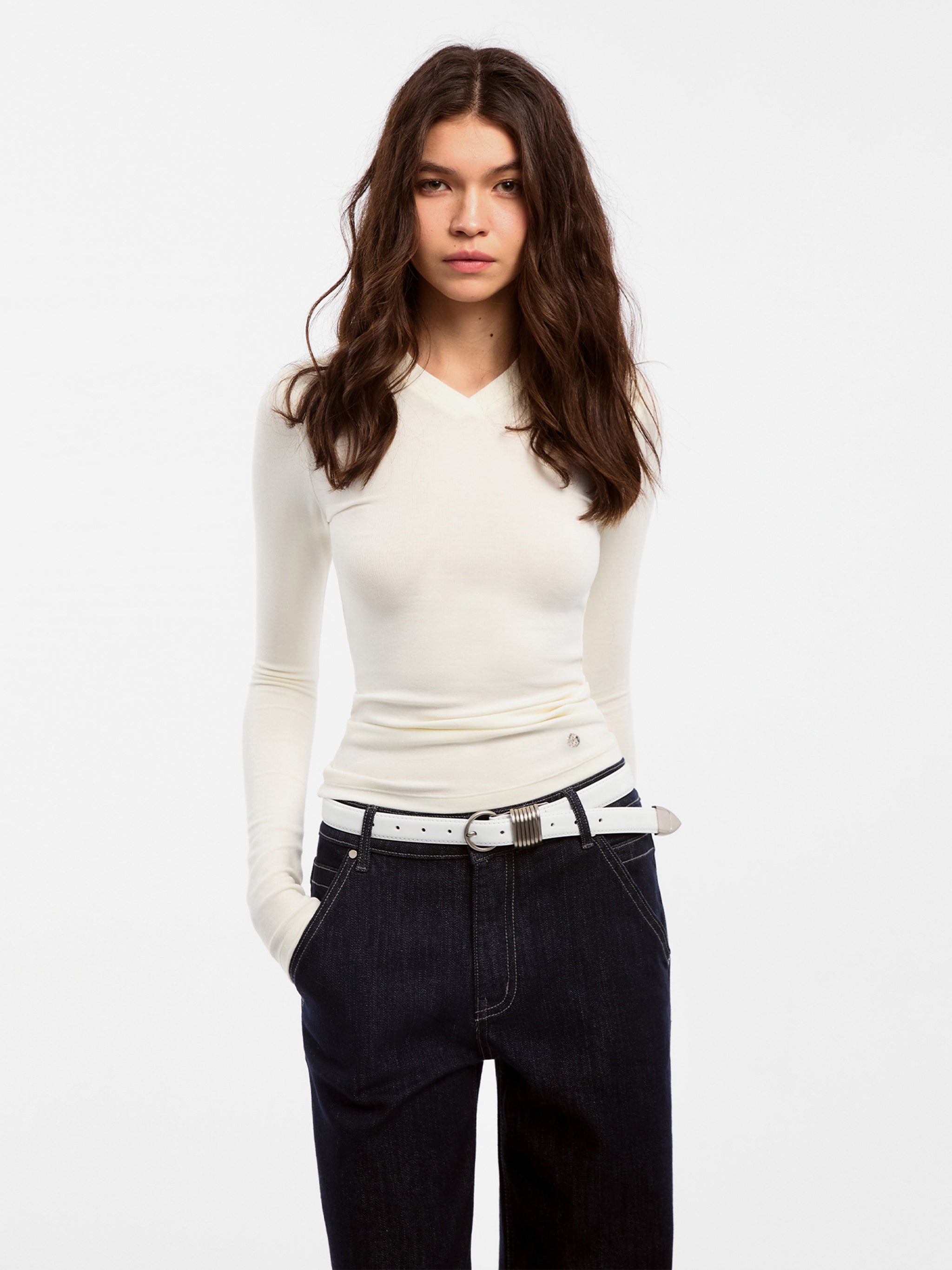 CUBIC Wool Blend V-Neck Knit T-Shirt-7