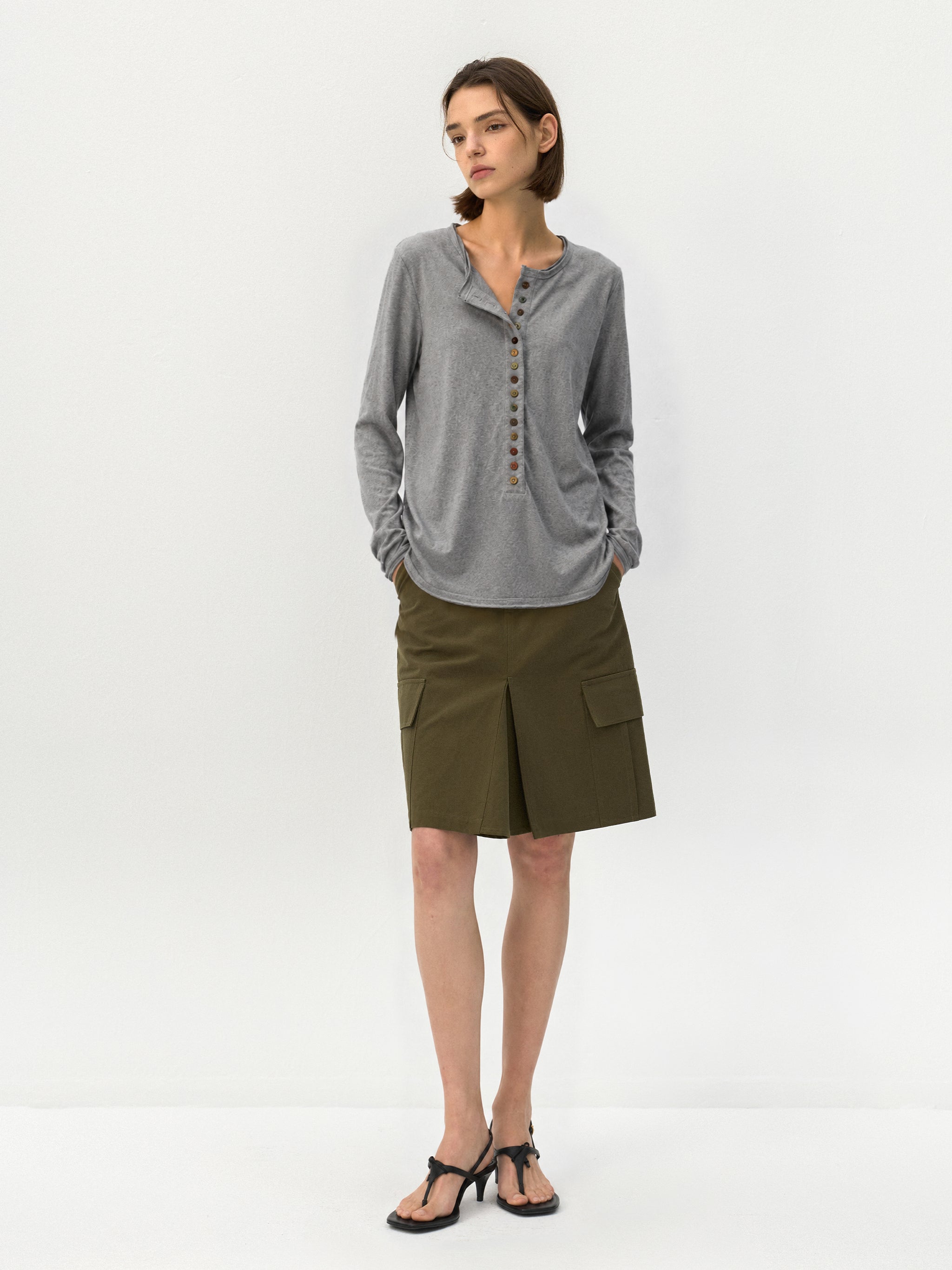 CUBIC Button Front Henley Long Sleeve Top-7