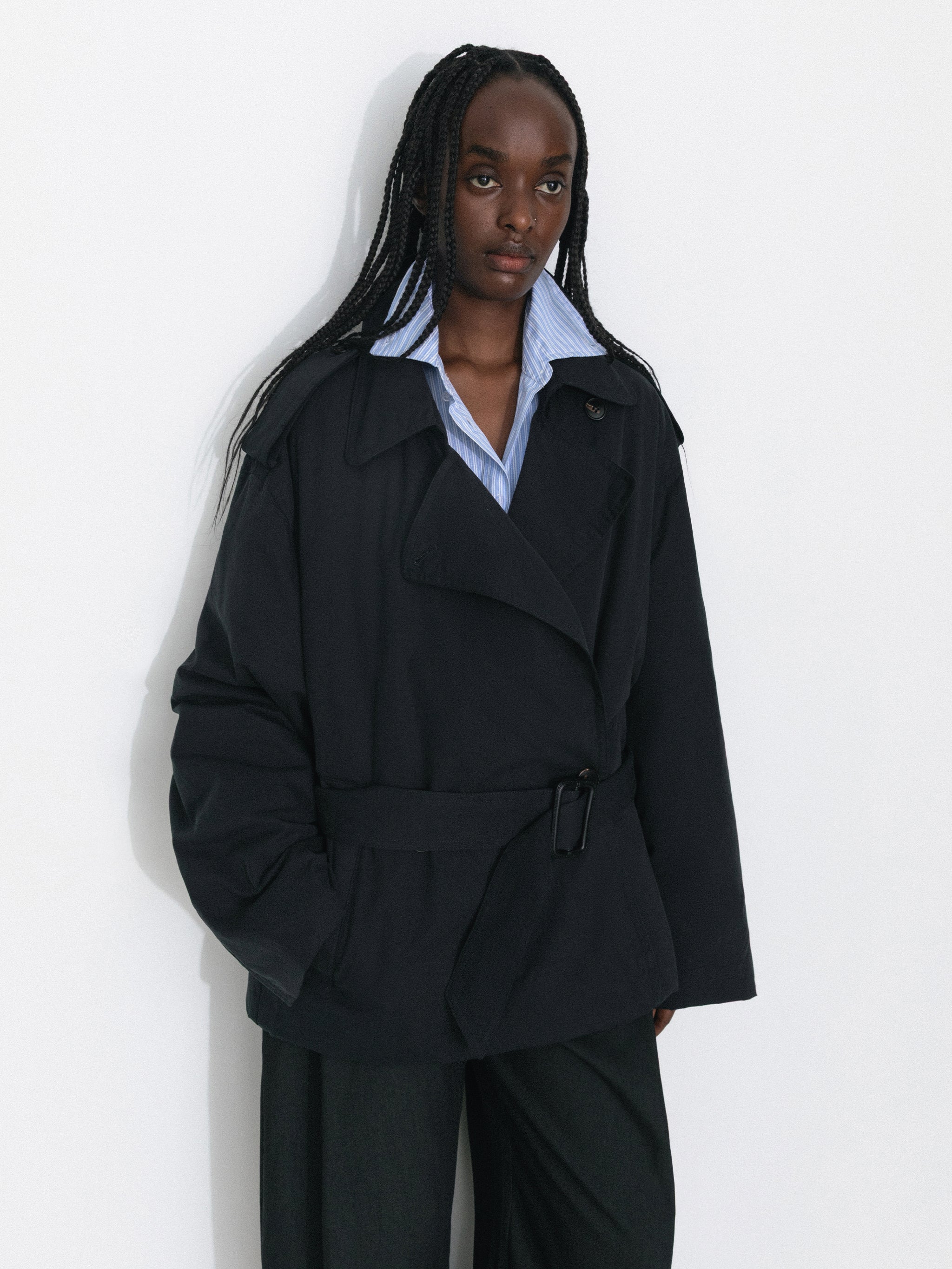 Dark Oversized Waist-Cinched Down Coat-7