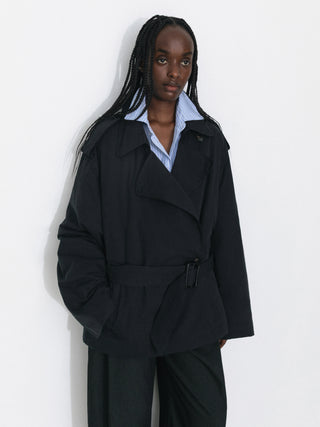 Dark Oversized Waist-Cinched Down Coat