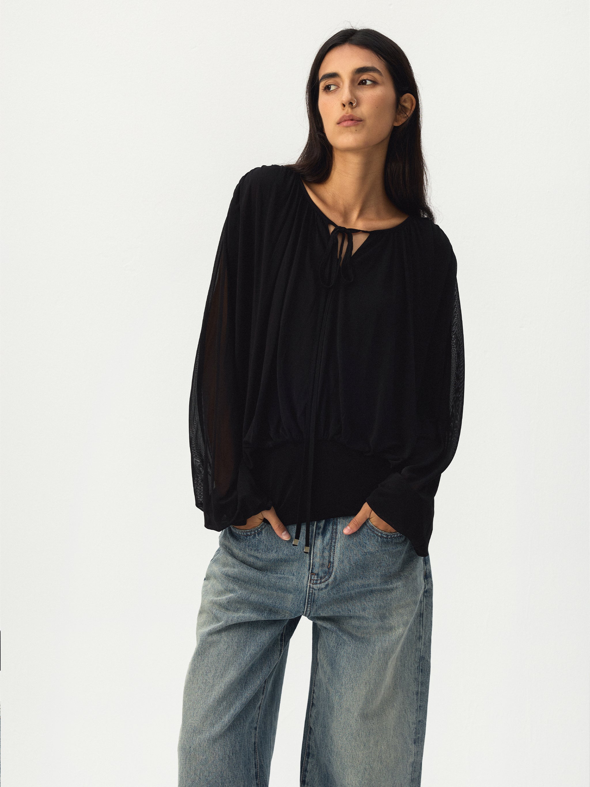 CUBIC Tie Neck Batwing Blouse-7