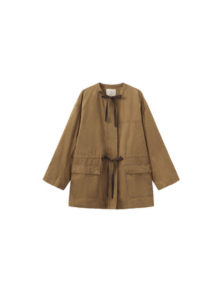 Drawstring Crewneck Mid-Length Trench Coat