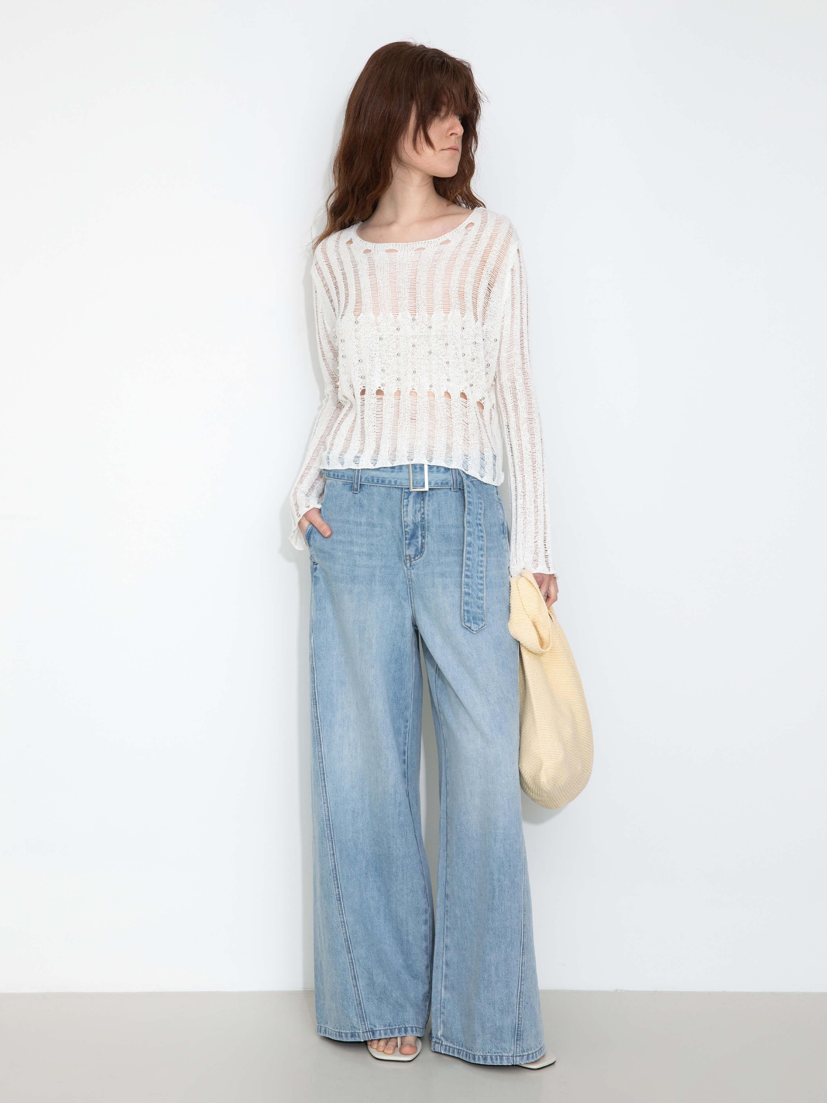 Beaded Hollow-Out Knit Top with Flare Sleeves-11