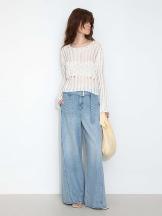 Beaded Hollow-Out Knit Top with Flare Sleeves