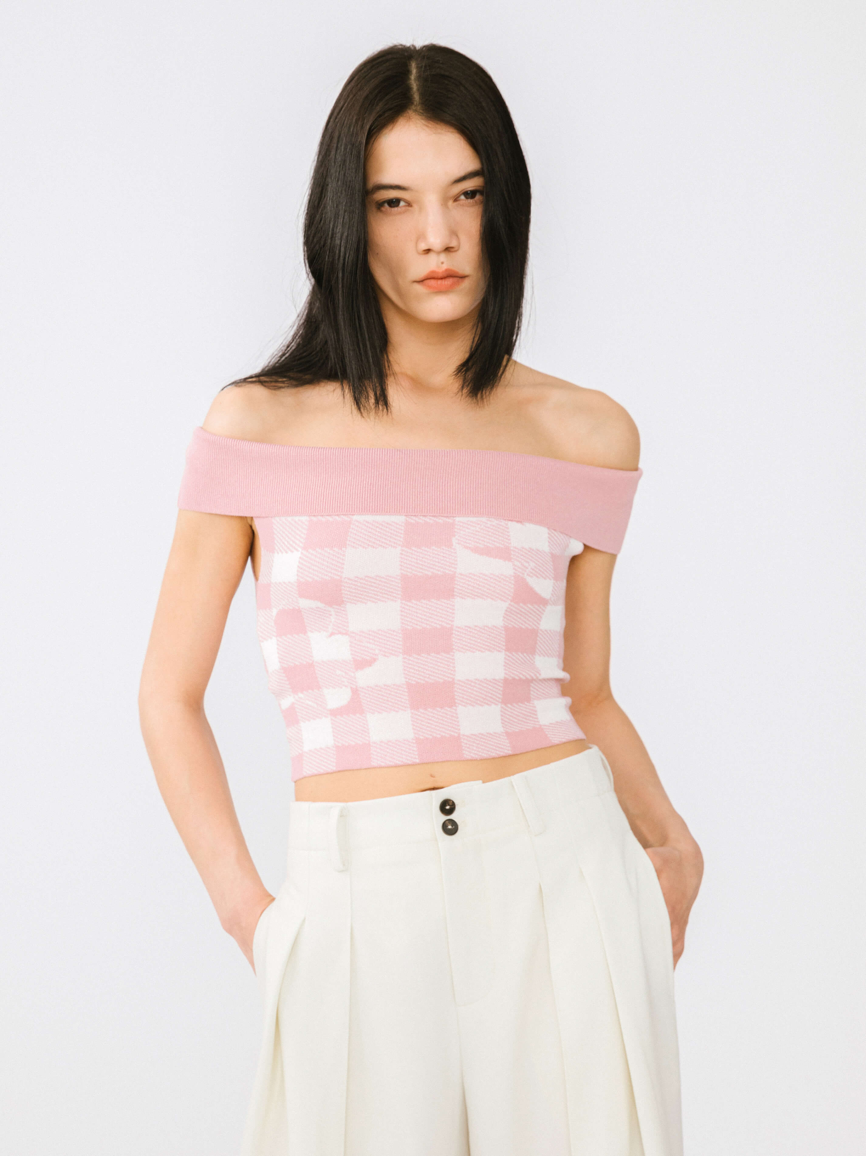 Off-Shoulder Checkered Knit Cami Top-8