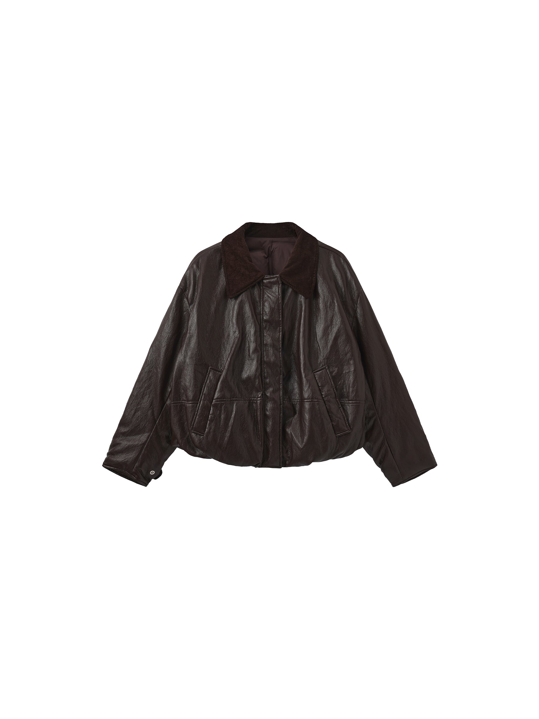 Corduroy Collar Convertible Leather Down Jacket-7