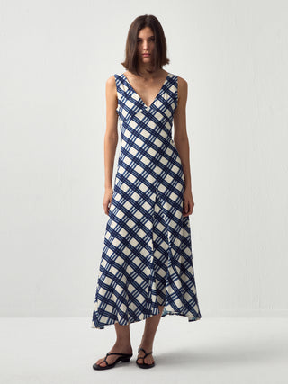 Plaid V-Neck Sleeveless Maxi Dress