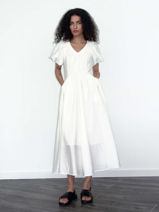 V-neck Pleated Puff Sleeve Dress