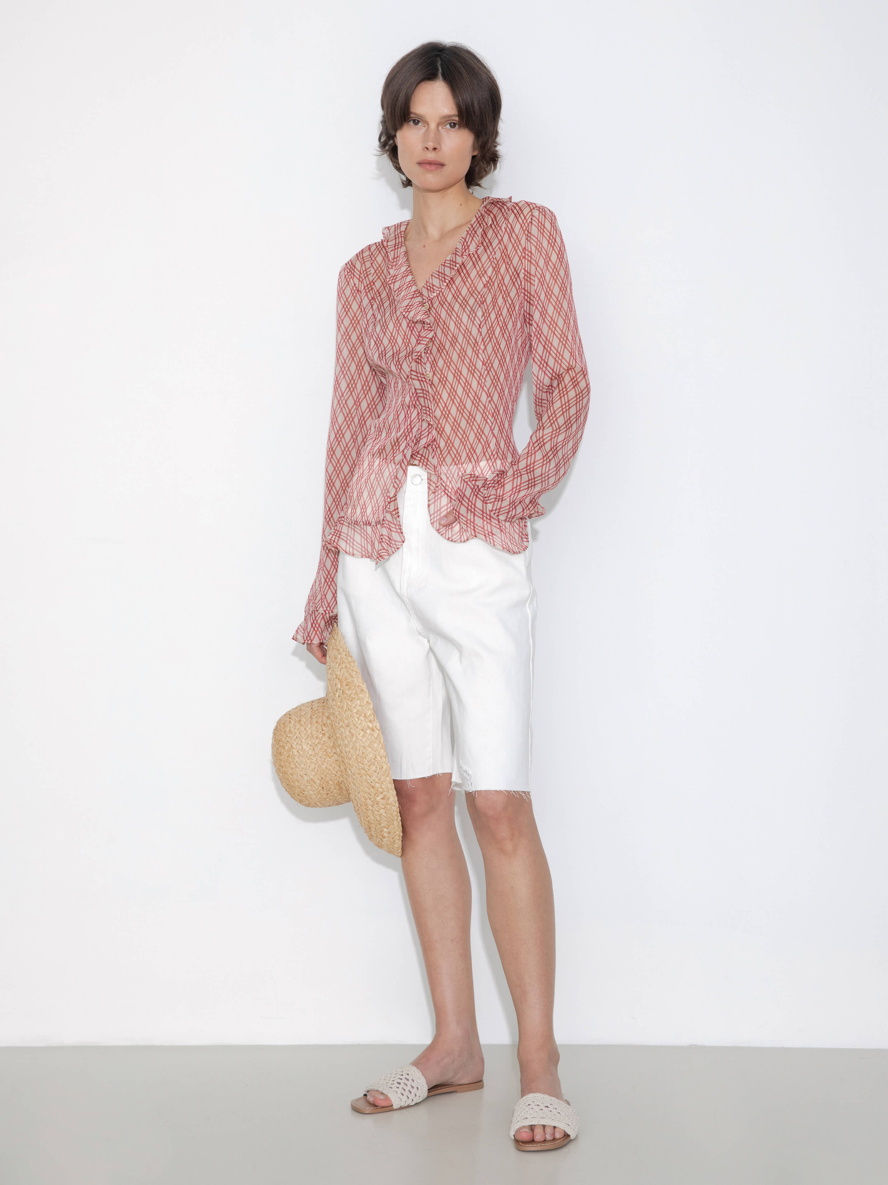 Semi-Sheer Ruffle Trim Check Shirt-10