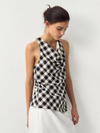 CUBIC Linen Blend Halter Check Top