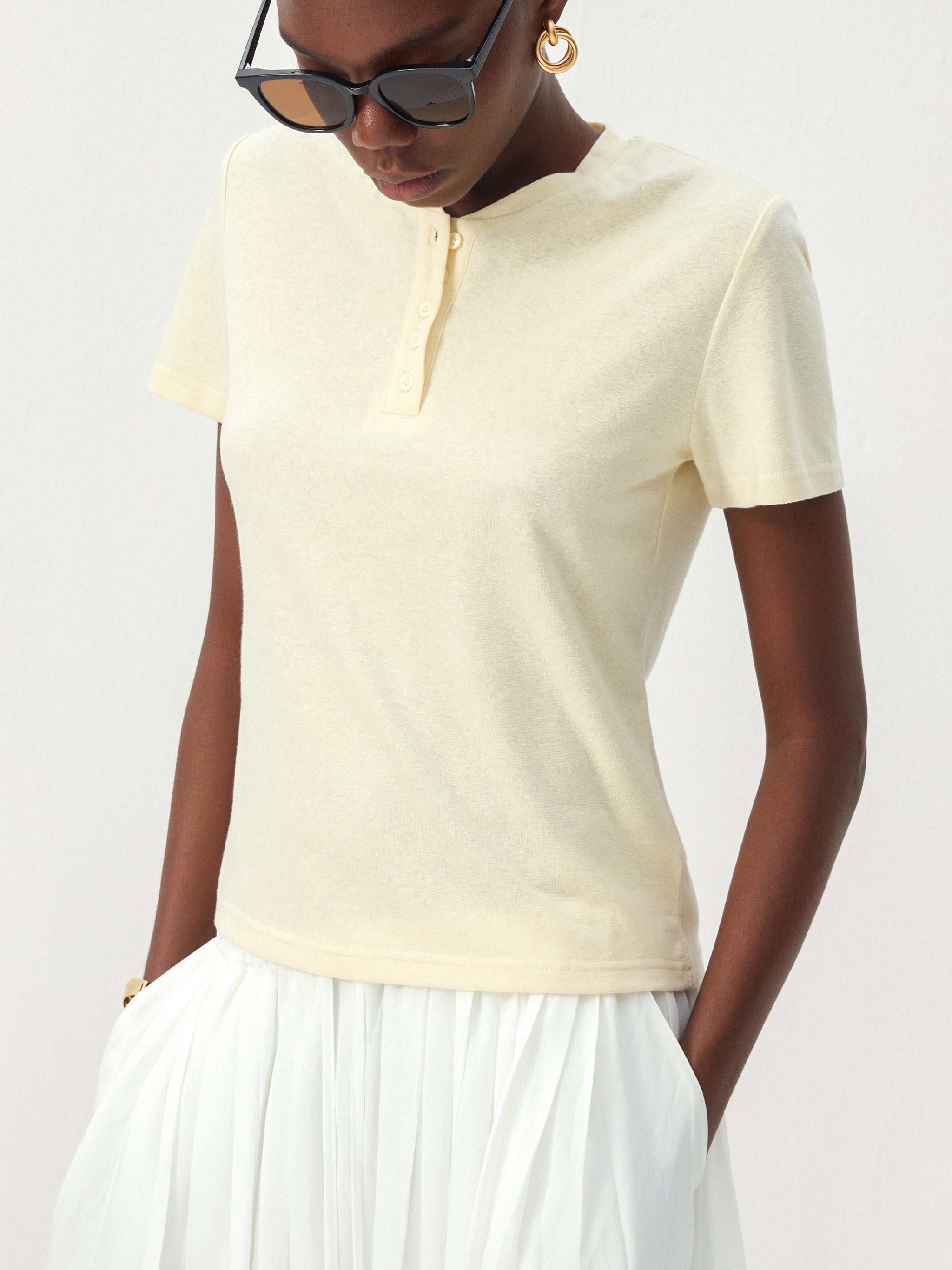 CUBIC Lyocell-Linen Blend Henley Neck Top-7