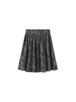 Leopard Print Pleated A-Line Skirt with Belt