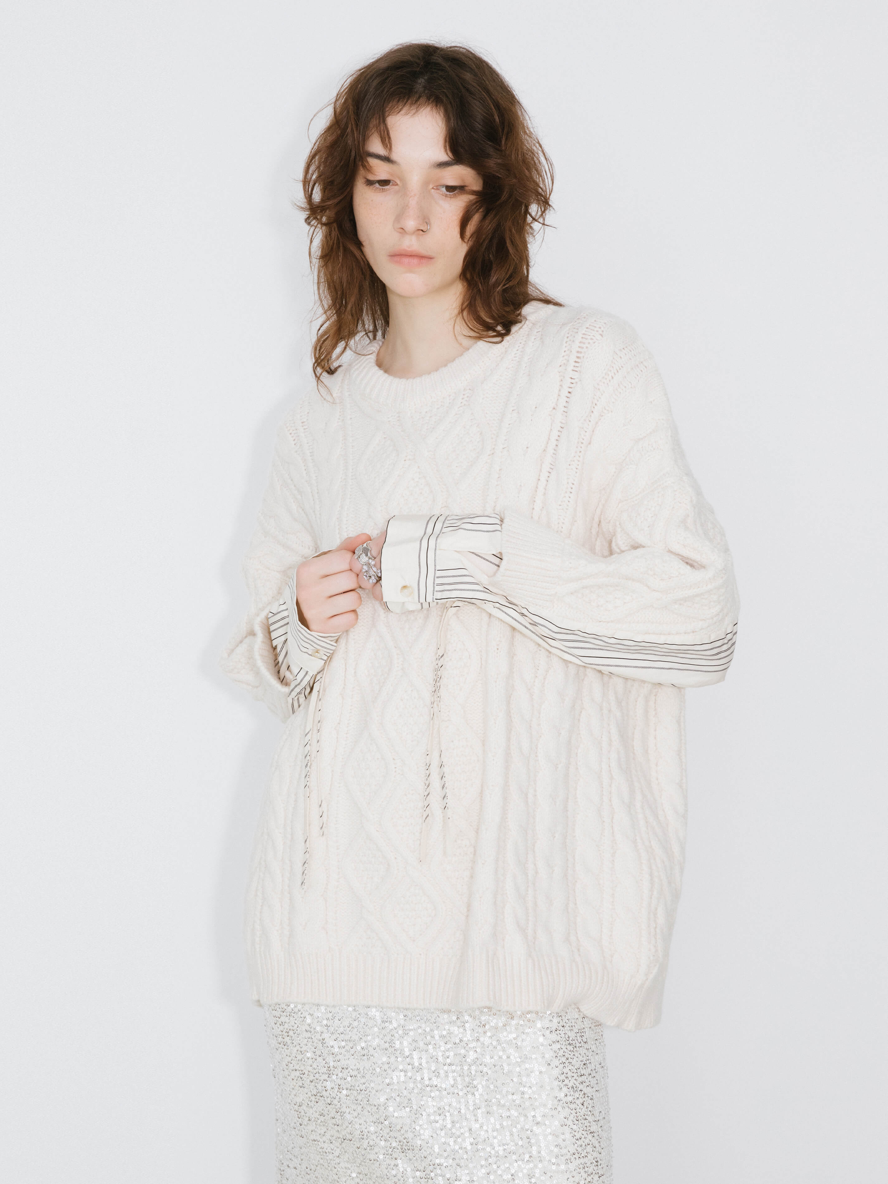 Cable Knit Jumper With Shirting Sleeves-8