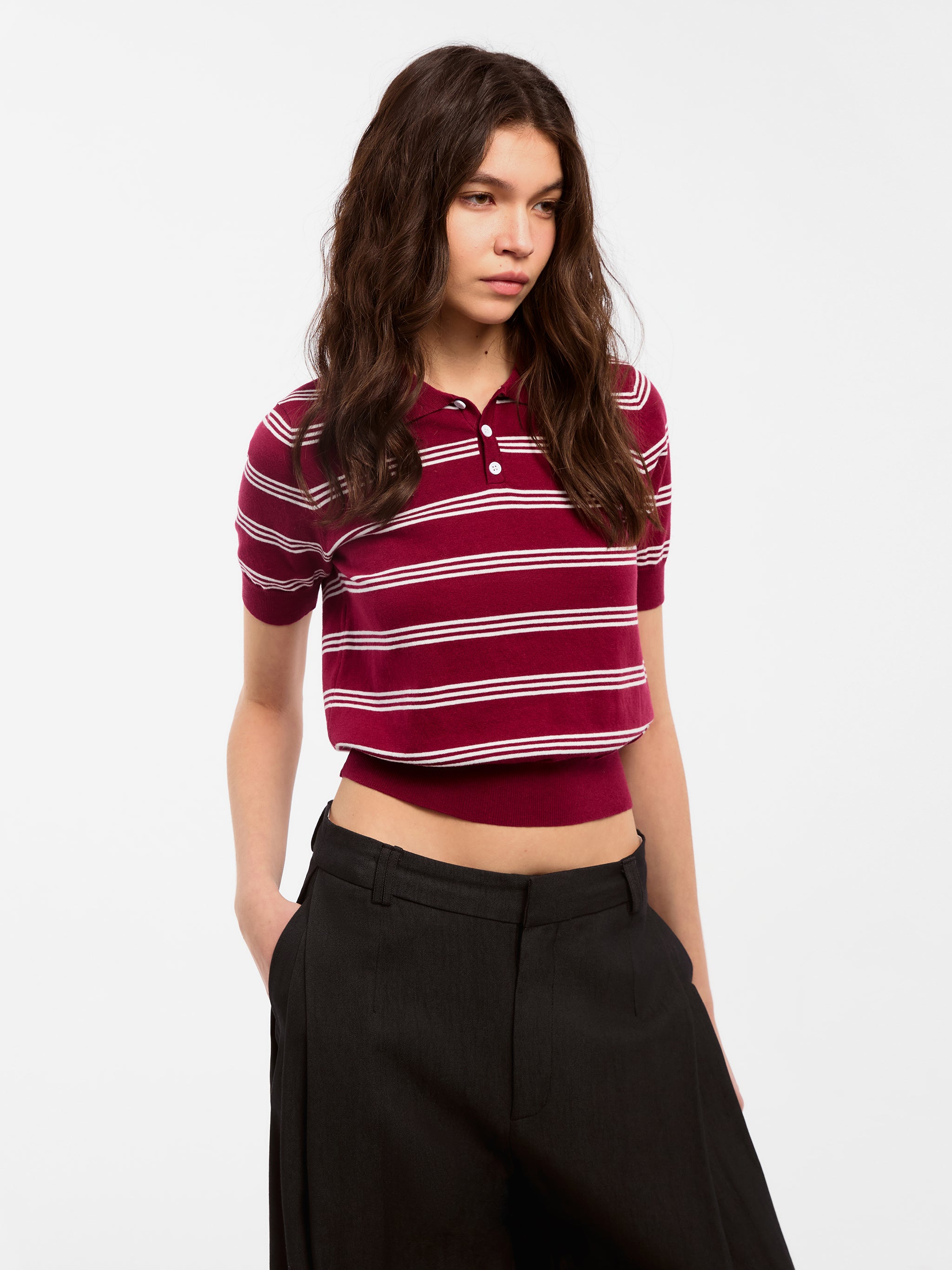 CUBIC-Striped Cropped Polo Collar Cotton T-Shirt-7