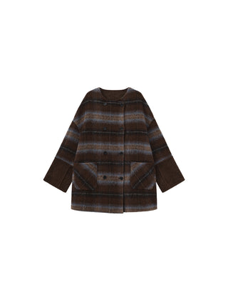 Reversible Plaid A-Line Coat with Scarf Collar