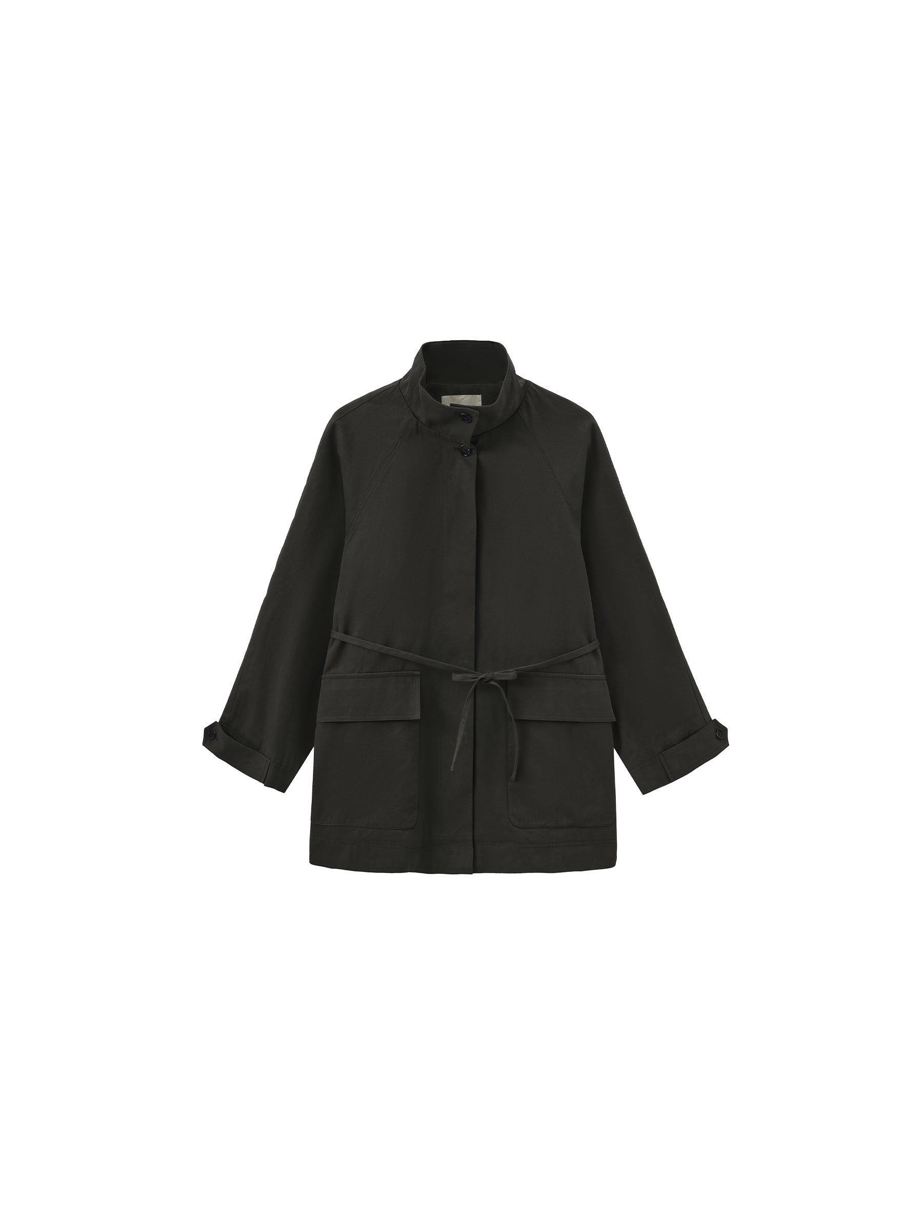 100% Cotton Stand Collar Mid-Length Tie-Waist Trench Coat-7