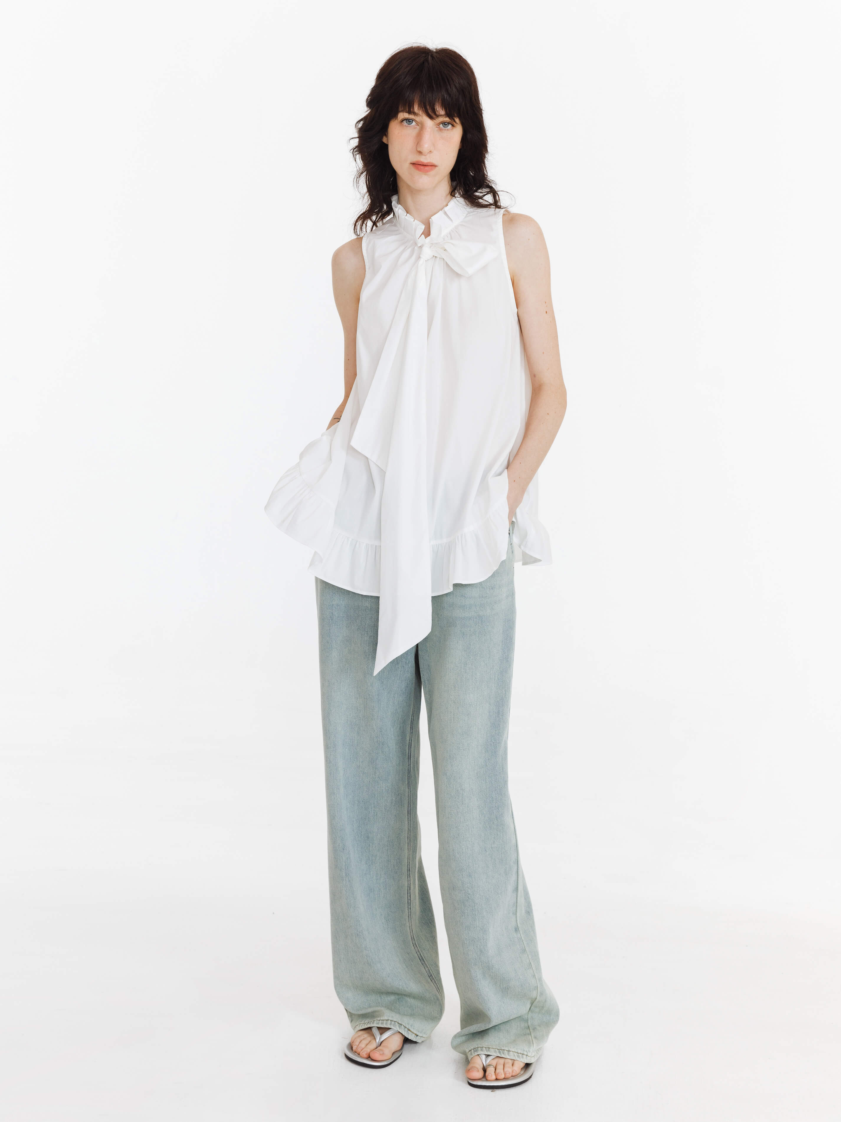 Ruffle Stand Collar Tie A-line Tank Top-8