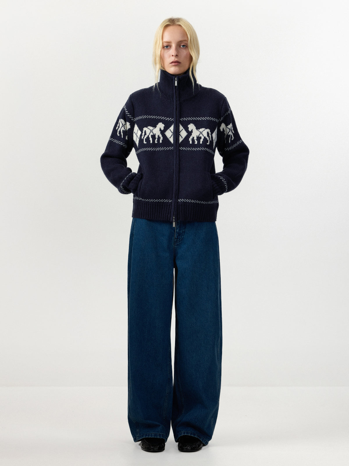 Horse Pattern Diamond Zip-Up Knit Cardigan-7