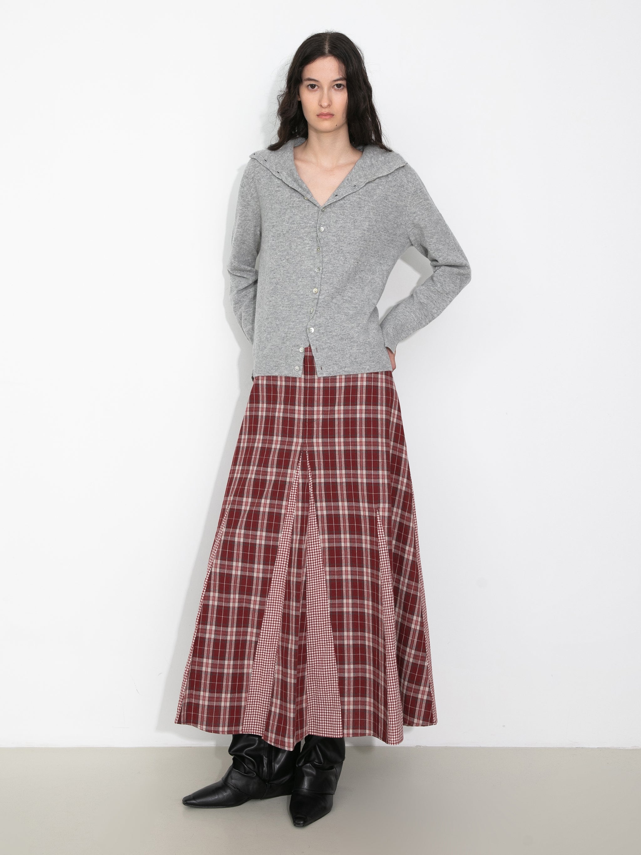 100% Cotton Patchwork Check A-Line Maxi Skirt-7