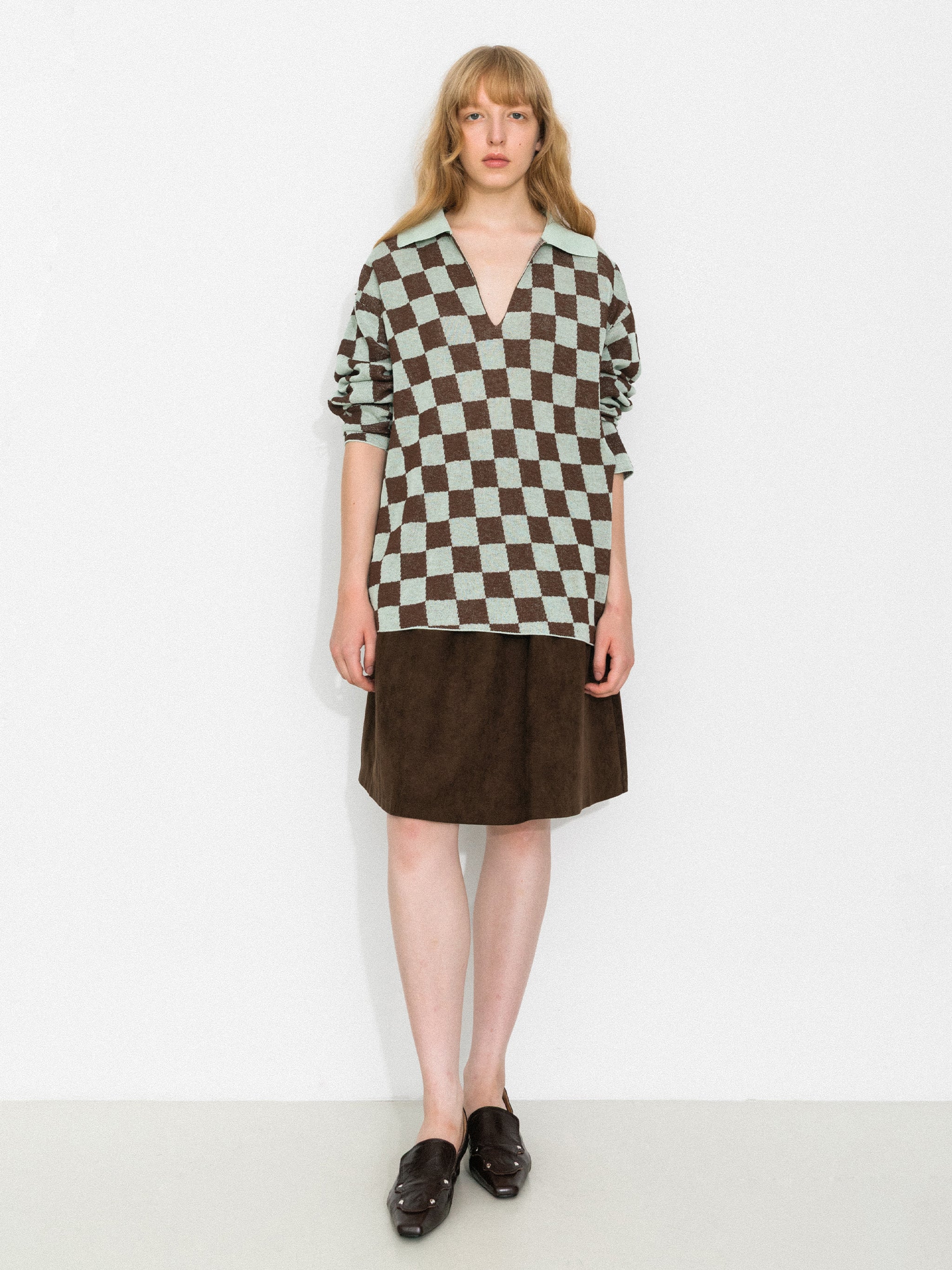 Checkerboard Contrast Knit Top-7