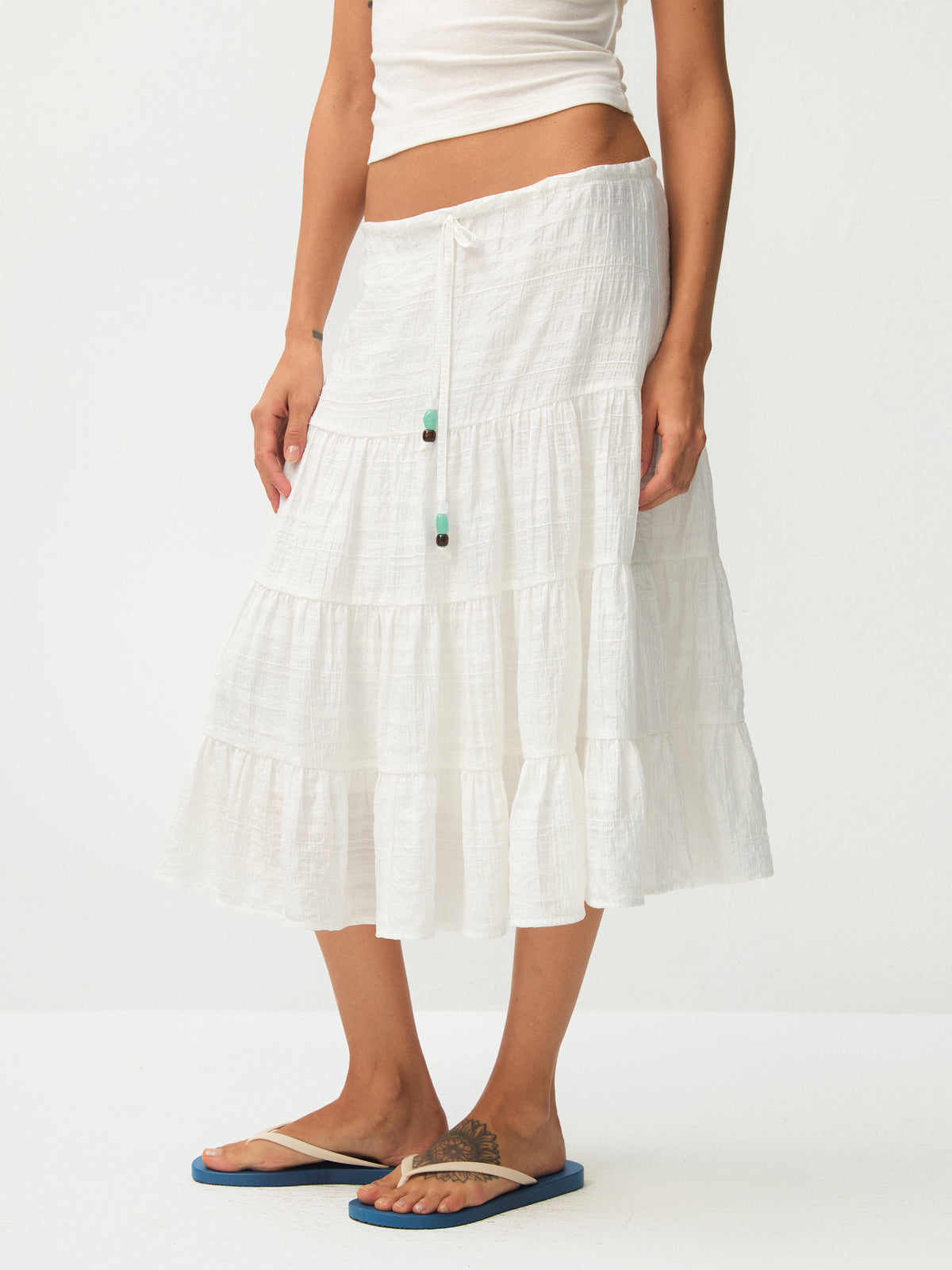 CUBIC Lyocell Linen Blend Tiered Striped Midi Skirt-7