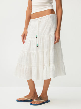 CUBIC Lyocell Linen Blend Tiered Striped Midi Skirt
