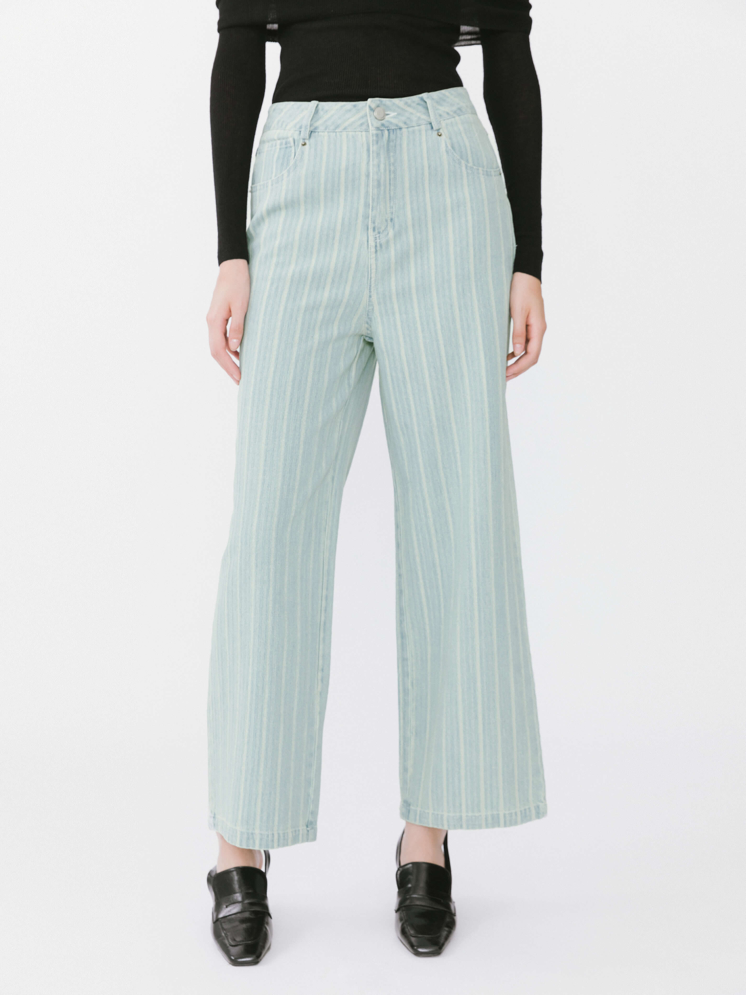 Pinstriped Wide Leg Cropped Jeans-7