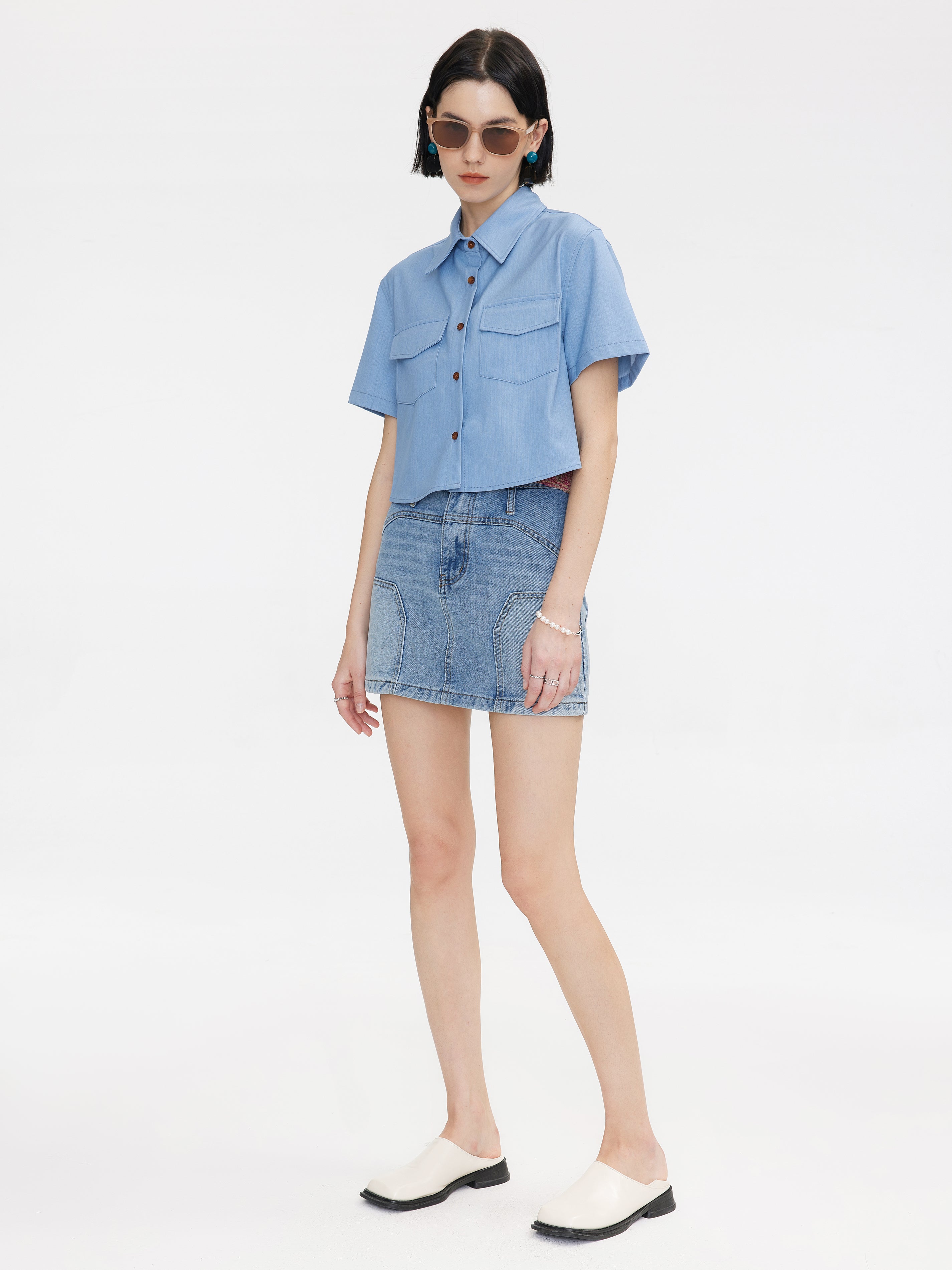 Light Blue Panelled Denim Mini Skirt-3