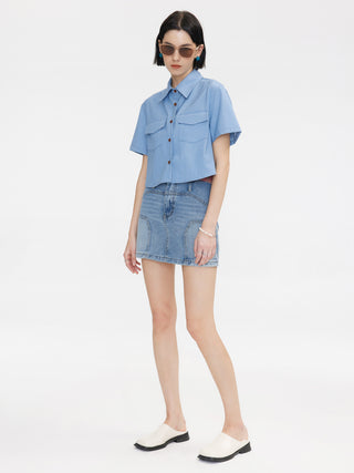 Light Blue Panelled Denim Mini Skirt