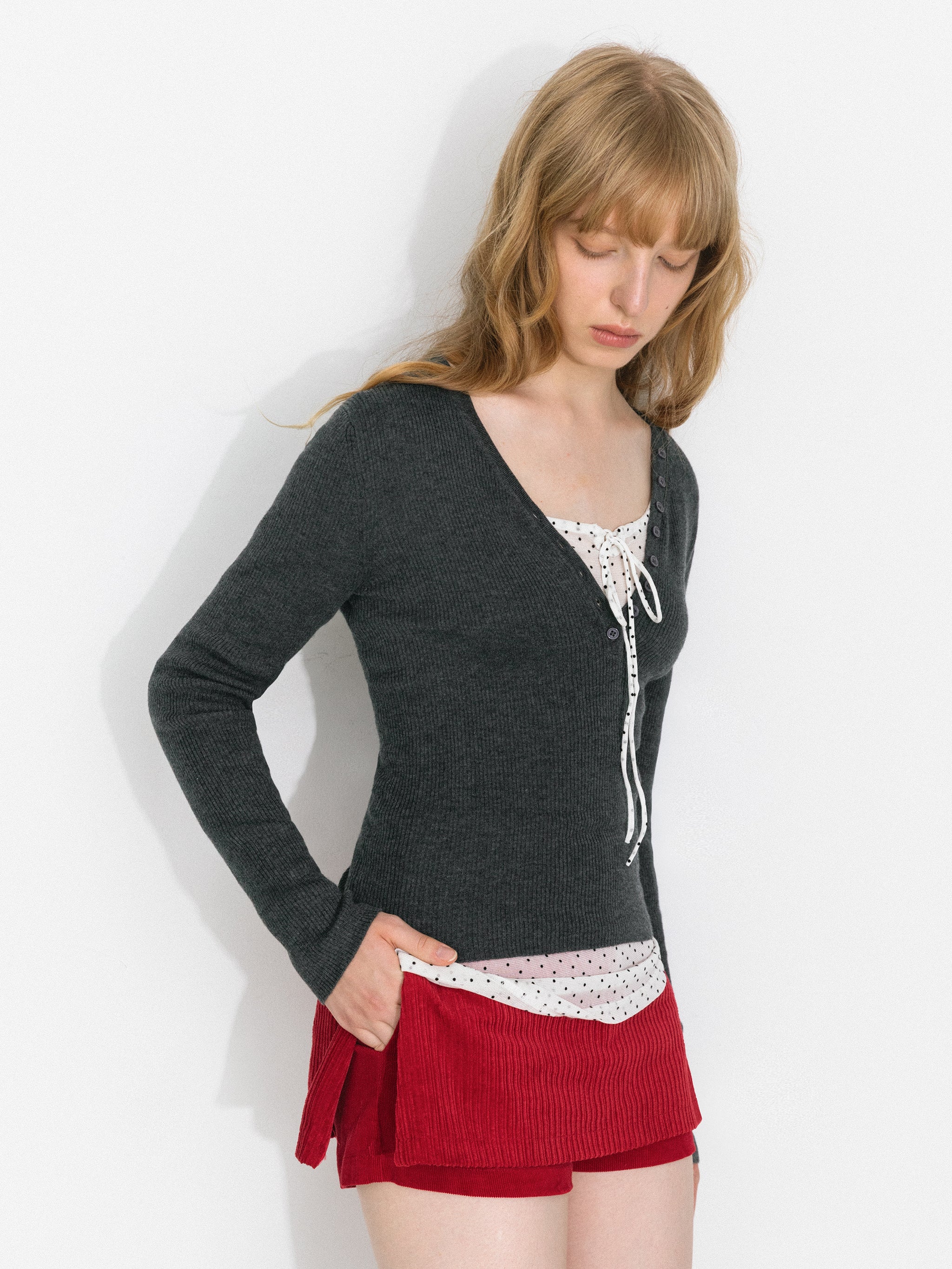 V-Neck Button-Front Fitted Knit Top-7