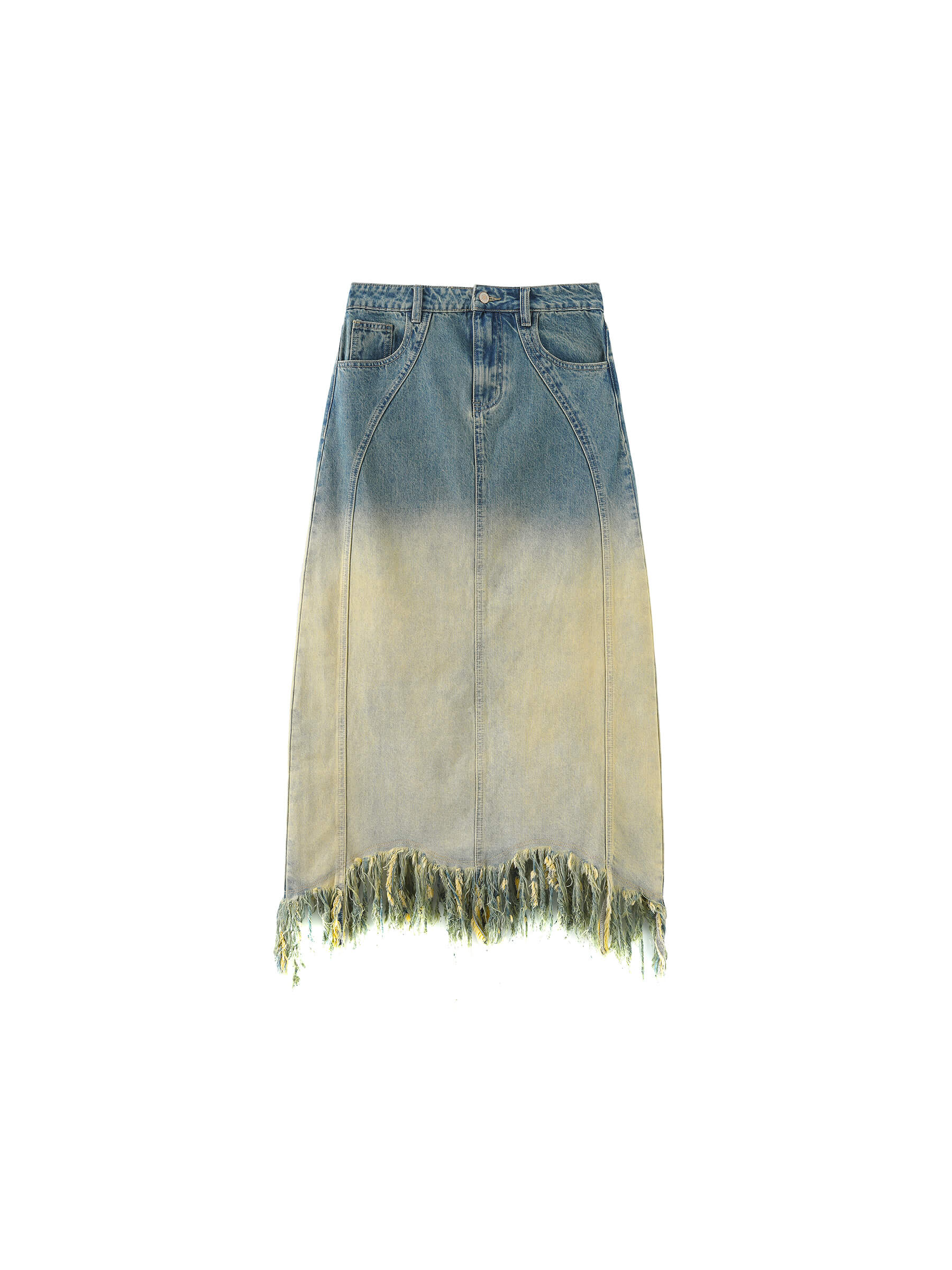Stone Washed Demin Skirt with Frayed Hem-8