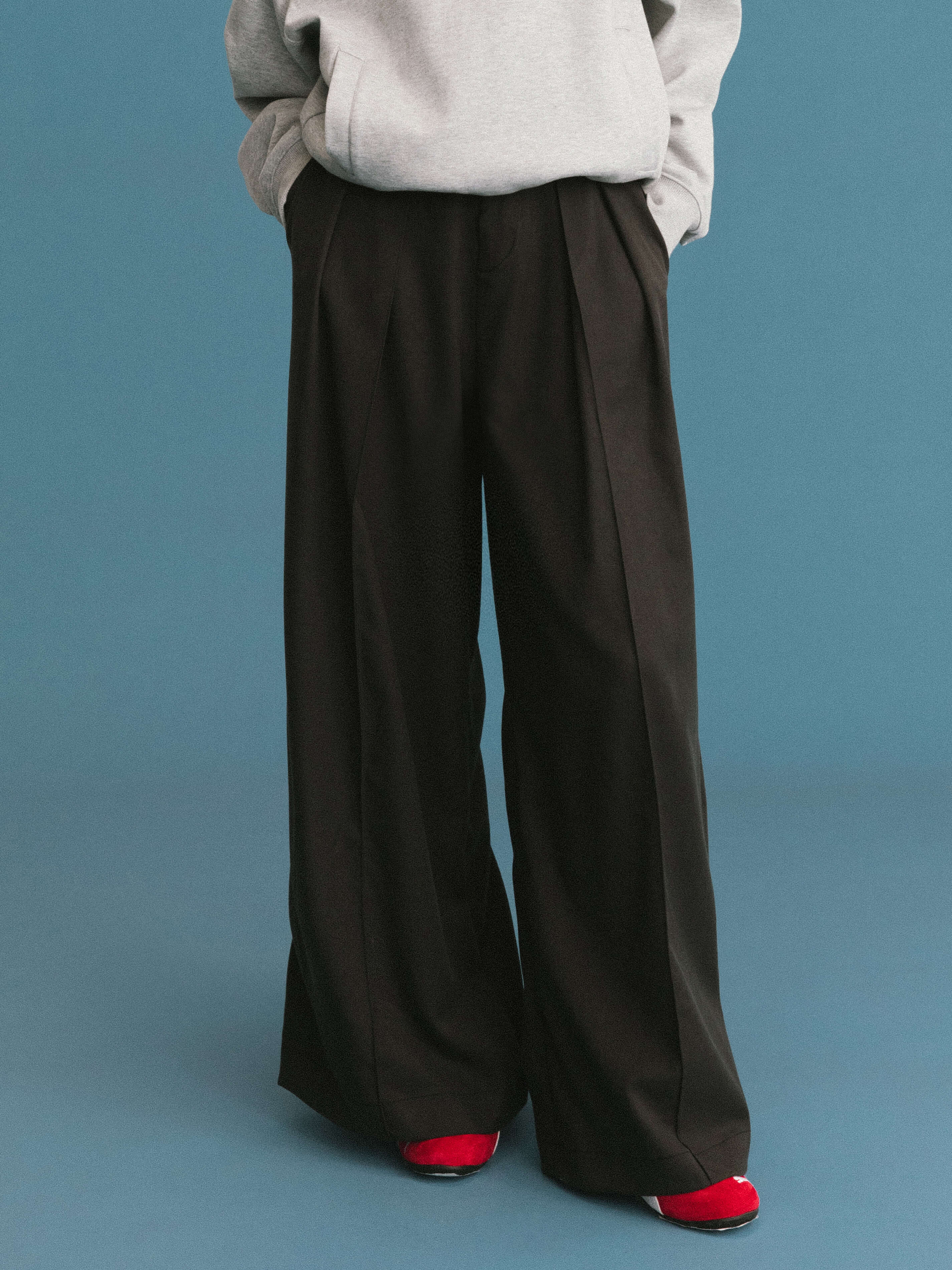 ONE BY CUBIC Pleated Wide Leg Wool Blend Trousers-7