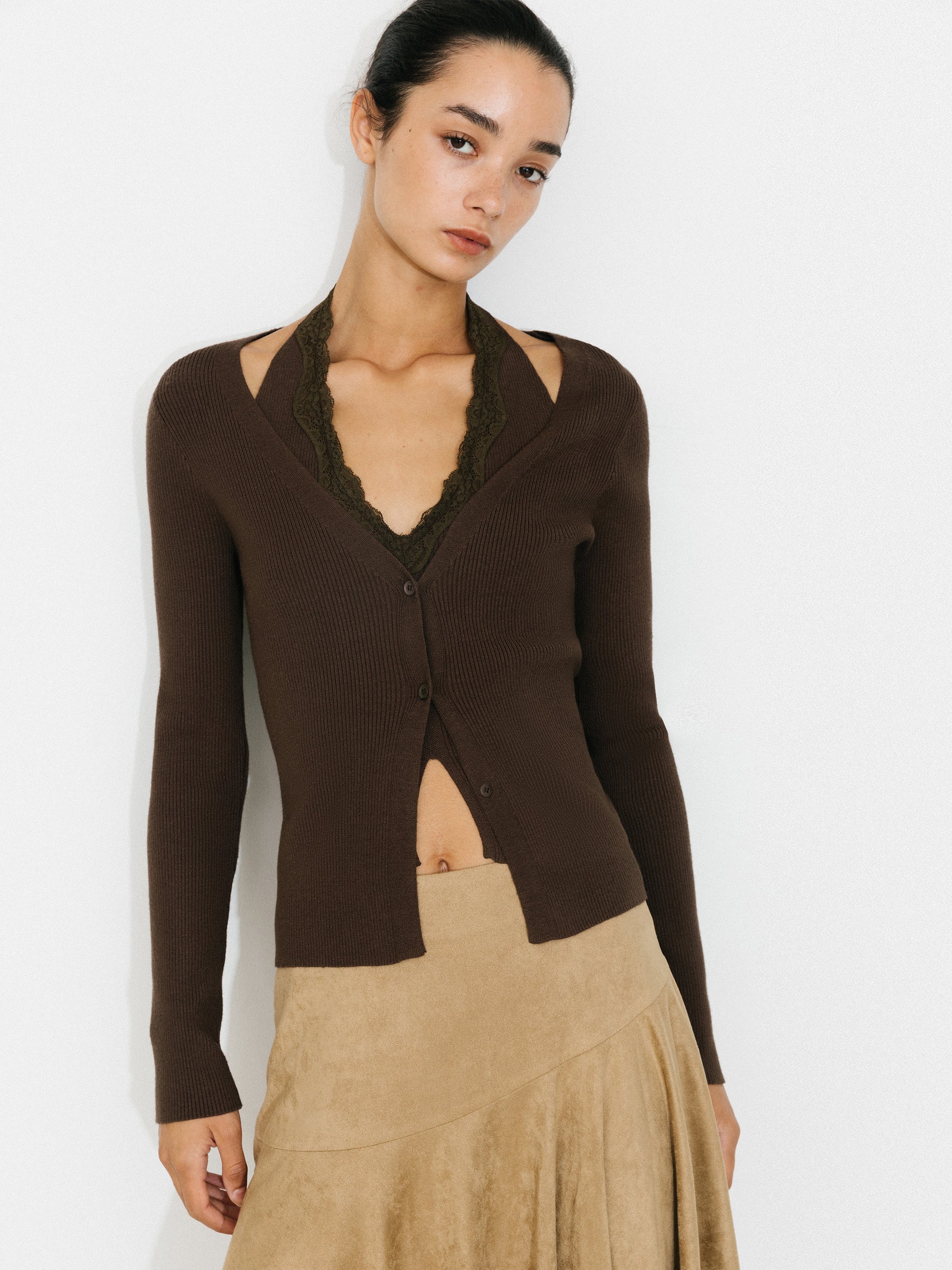 Layered Look Halter Neck Slim-Fit Knit Cardigan-7