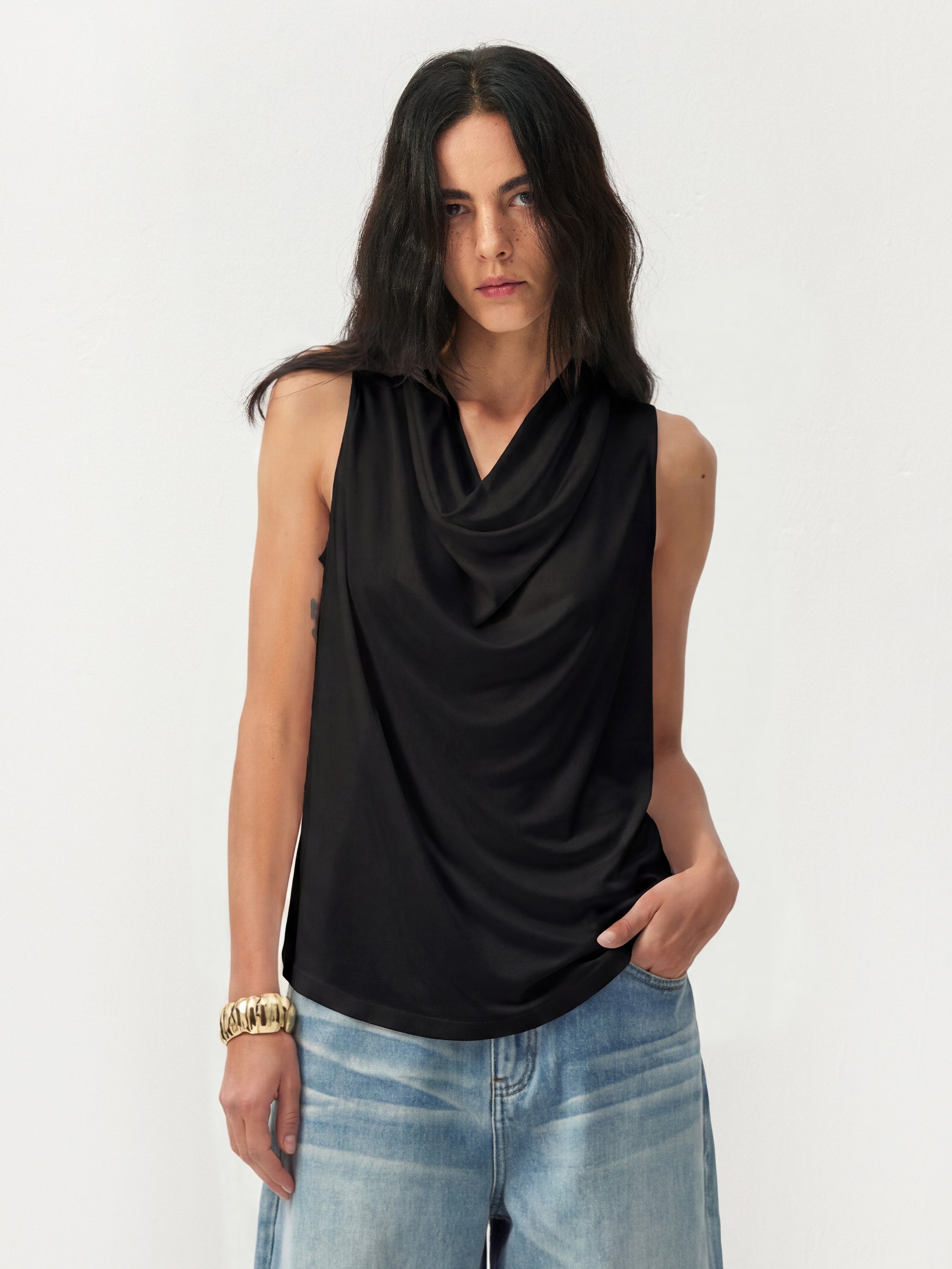 CUBIC Acetate Solid Cowl Neck Sleeveless Top-7