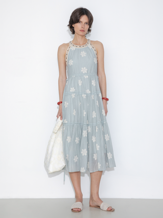 A-Line Halter Round-Neck Embroidered Maxi Dress