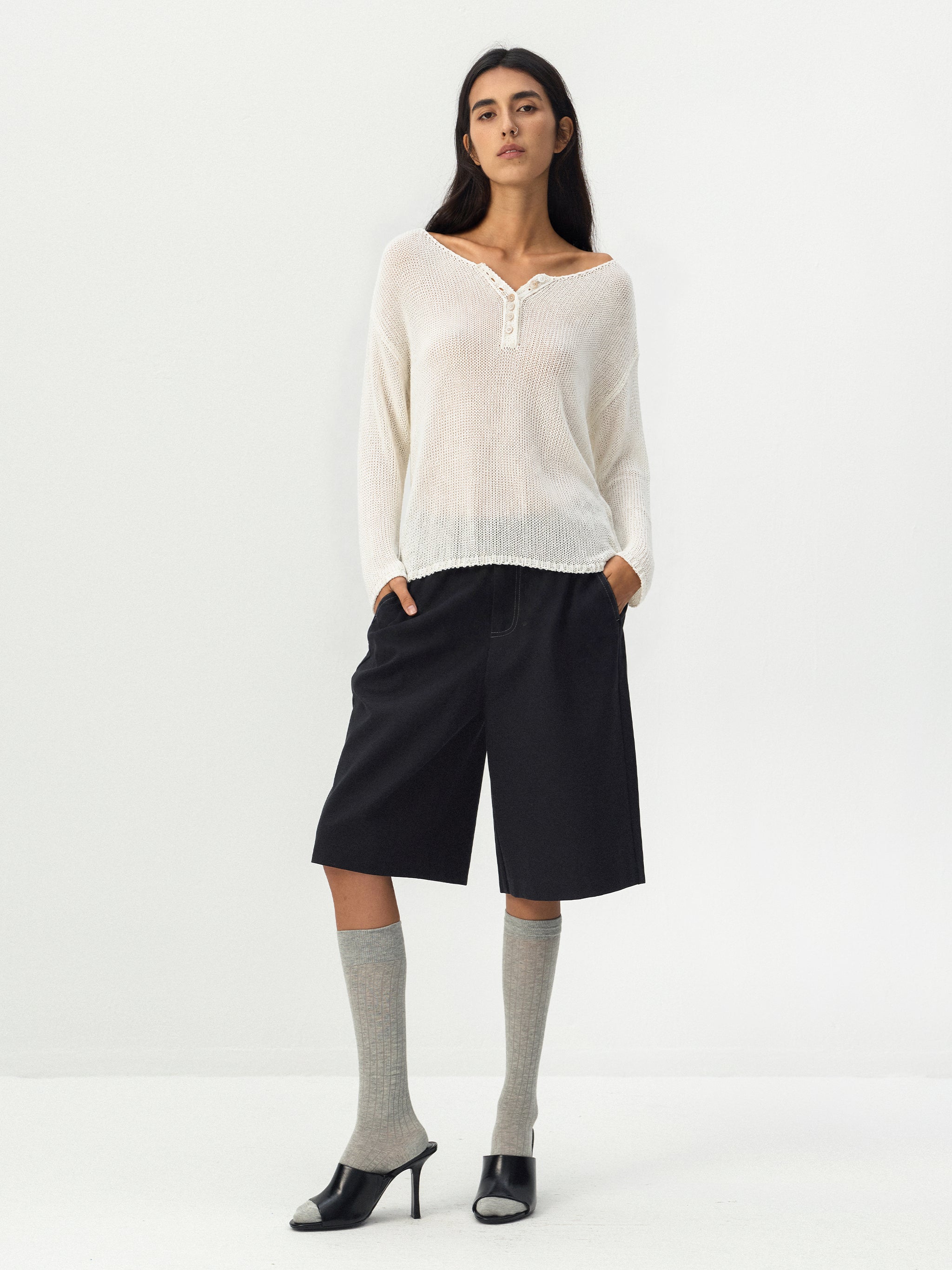 CUBIC Button Detail Open-Knit Top-7