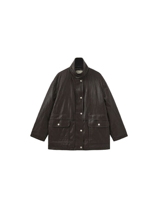 Two-Way Collar Boxy Leather Down Jacket