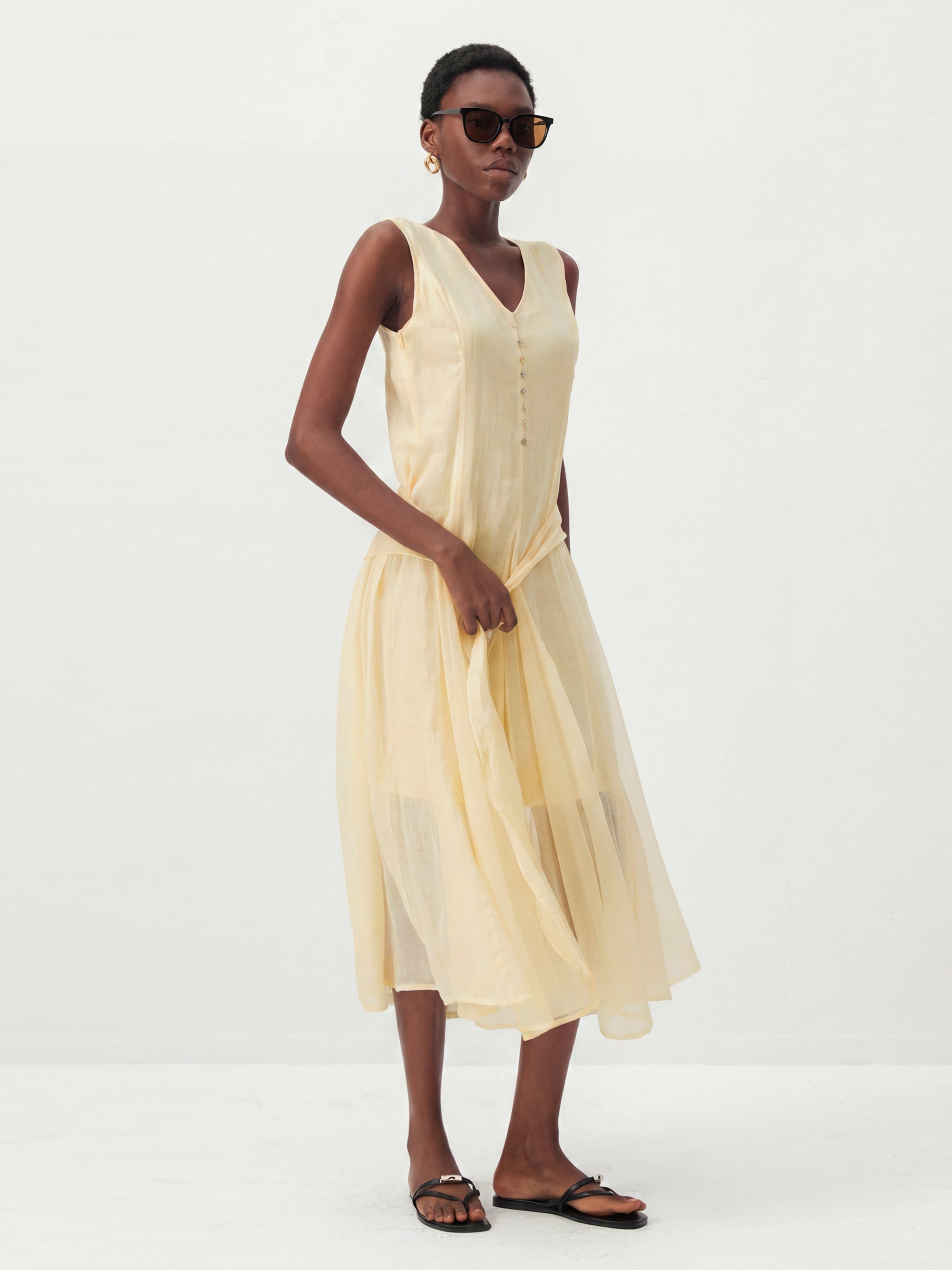 CUBIC Ramie & Chiffon Two-Piece Belted Midi Dress-7