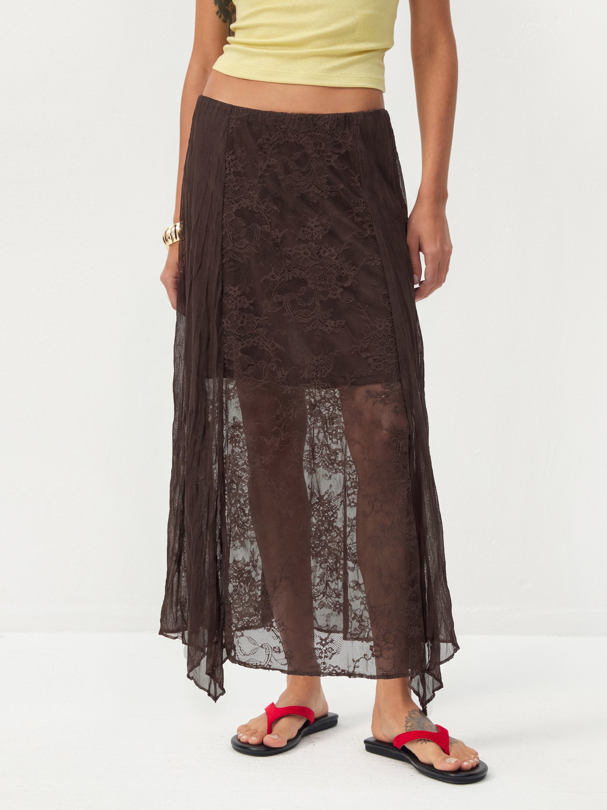 CUBIC Lace-Overlay Asymmetrical Sheer Midi Skirt-7