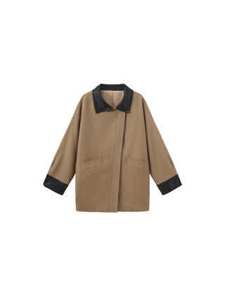 Cropped Contrast-Trim Oversized Trench Jacket