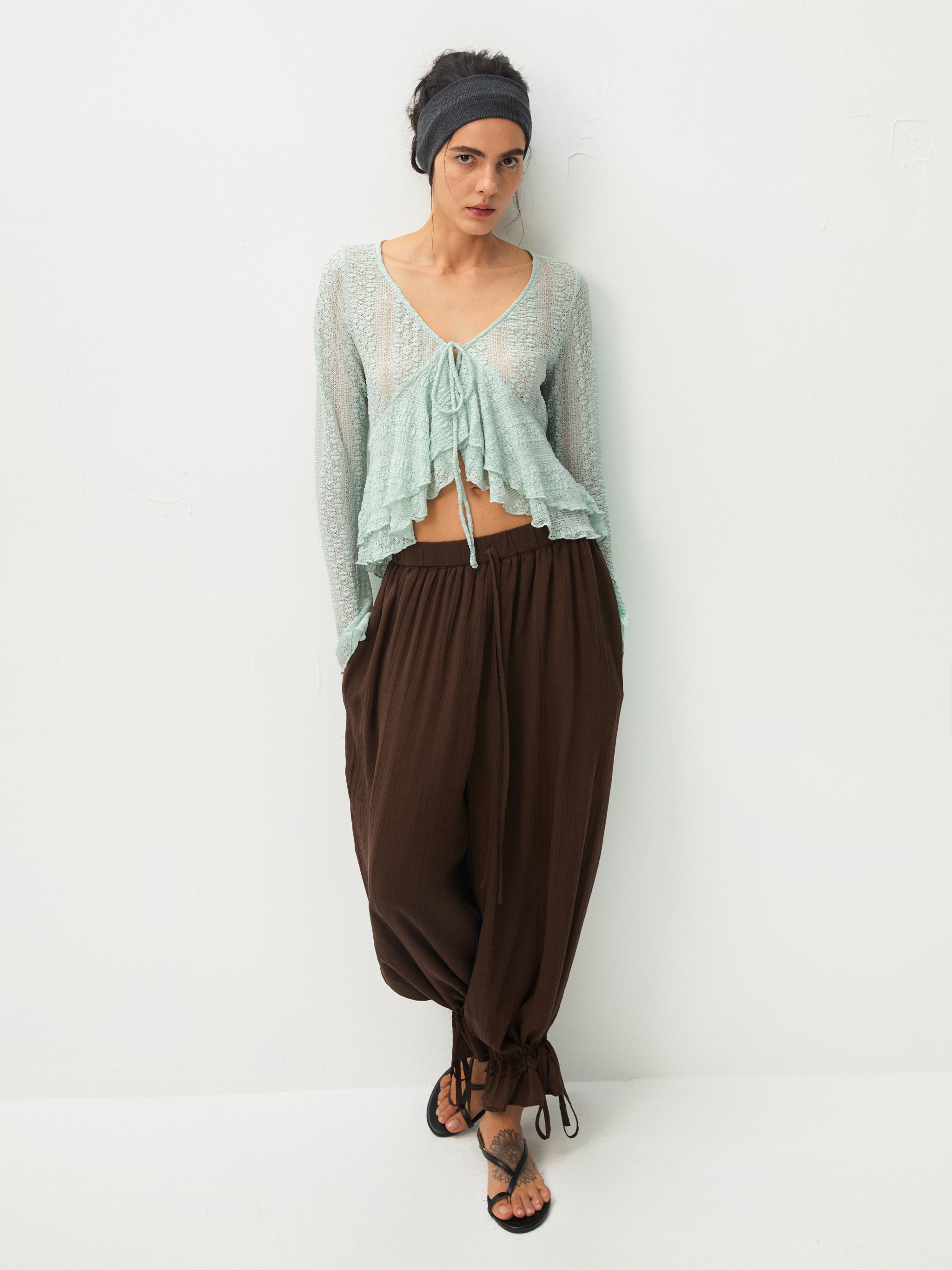 CUBIC Sheer Knit Tie-Front Peplum Top-7