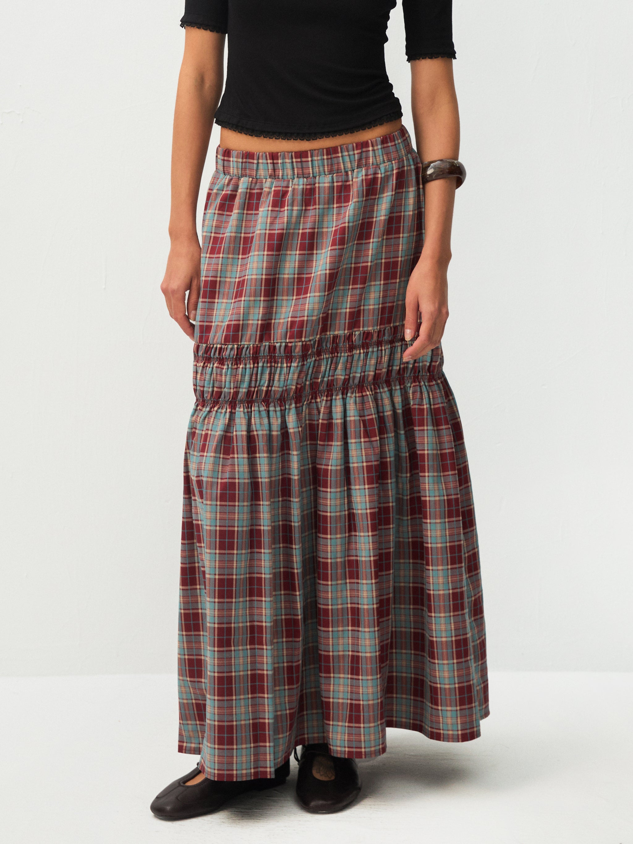 Elastic Drawstring High Waist Checked Skirt-15