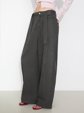 Wide Belted Tapered-Leg Denim Trousers