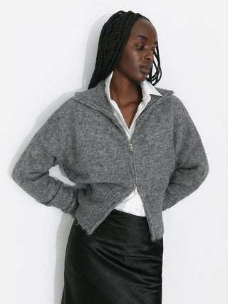 Retro Stand Collar Zip-Up Cardigan